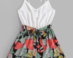 Plants Print Belted Cami Romper