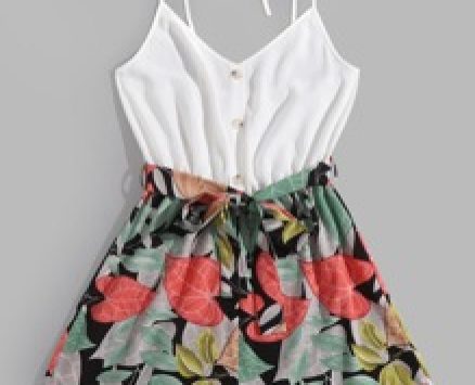 Plants Print Belted Cami Romper