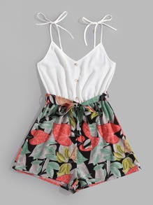 Plants Print Belted Cami Romper