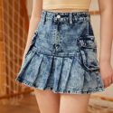 Pleated Hem Denim Skirt