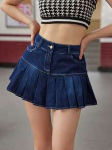 Pleated Hem Whip Stitch Denim Skirt