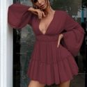 Plunging Neck Bell Sleeve Tiered Ruffle Dress