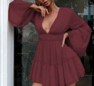 Plunging Neck Bell Sleeve Tiered Ruffle Dress