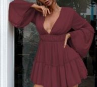 Plunging Neck Bell Sleeve Tiered Ruffle Dress