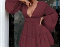 Plunging Neck Bell Sleeve Tiered Ruffle Dress