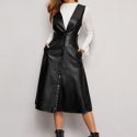 Plunging Neck Button Front PU Overall Dress