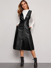 Plunging Neck Button Front PU Overall Dress