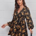 Plunging Neck Floral Print Lantern Sleeve Dress