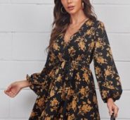 Plunging Neck Floral Print Lantern Sleeve Dress
