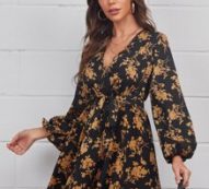 Plunging Neck Floral Print Lantern Sleeve Dress