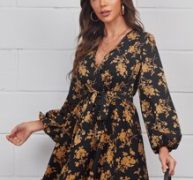 Plunging Neck Floral Print Lantern Sleeve Dress