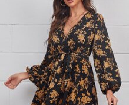 Plunging Neck Floral Print Lantern Sleeve Dress