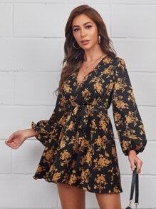 Plunging Neck Floral Print Lantern Sleeve Dress