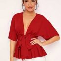 Plunging Neck Tie Waist Peplum Top