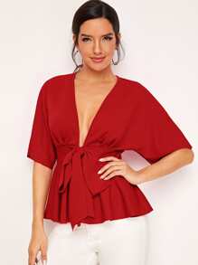 Plunging Neck Tie Waist Peplum Top