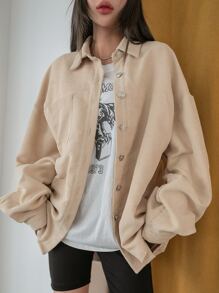 Pocket Patched Drop Shoulder Corduroy Blouse