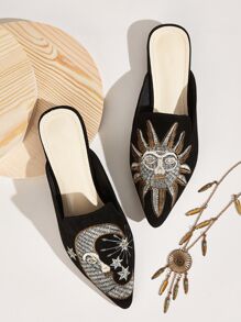 Point Toe Embroidered Flat Mules