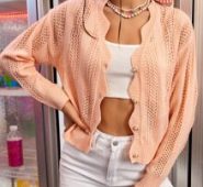 Pointelle Knit Drop Shoulder Scallop Trim Cardigan