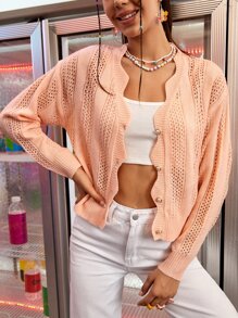 Pointelle Knit Drop Shoulder Scallop Trim Cardigan