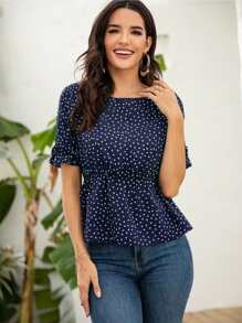 Polka Dot Print Ruffle Hem Blouse