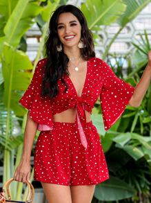 Polka Dot Self-Tie Crop Top & Shorts Set