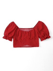 Polka Dot Shirred Crop Blouse