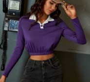 Polo Neck Elastic Hem Crop Tee