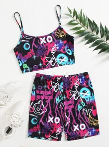 Pop Art Print Cami Top & Biker Shorts Set