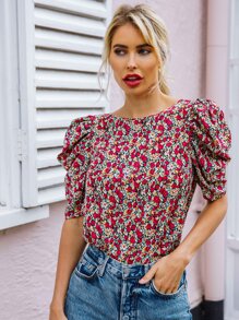 Puff Sleeve Ditsy Floral Print Top