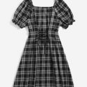 Puff Sleeve Lace Up Plaid Dress