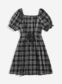 Puff Sleeve Lace Up Plaid Dress