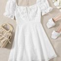 Puff Sleeve Ruched Tie Front Schiffy Dress