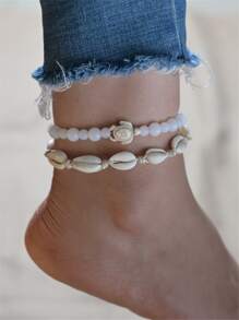 Puka Shell Turtle Charm Anklet Set - 2pcs