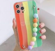 Rainbow Pattern Phone Case With Beaded Hand Strap