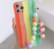 Rainbow Pattern Phone Case With Beaded Hand Strap