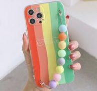 Rainbow Pattern Phone Case With Beaded Hand Strap