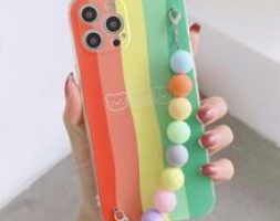 Rainbow Pattern Phone Case With Beaded Hand Strap