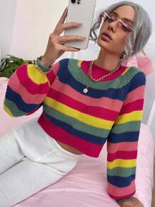 Rainbow Stripe Raglan Sleeve Crop Sweater