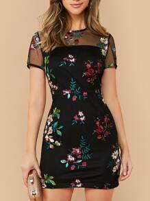 Random Flower Embroidered Sheer Mesh Yoke Dress