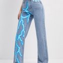 Raw Hem Lightning Print Jeans