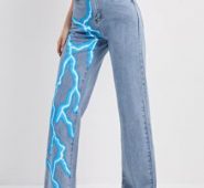 Raw Hem Lightning Print Jeans