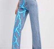 Raw Hem Lightning Print Jeans