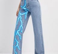 Raw Hem Lightning Print Jeans