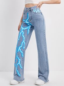 Raw Hem Lightning Print Jeans