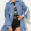 Raw Hem Ripped Longline Trucker Denim Jacket