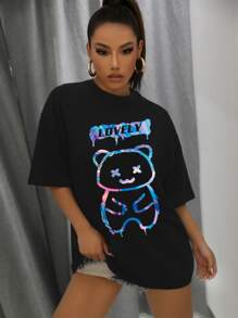 Reflective Bear & Letter Graphic Oversized Tee