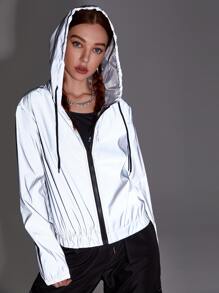 Reflective Zip Up Drawstring Hooded Windbreaker Jacket