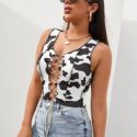 Rhinestone Lace Up Front Cow Print Tank Top