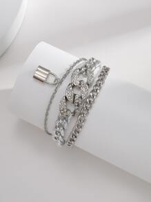 Rhinestone Lock Layered Bracelet