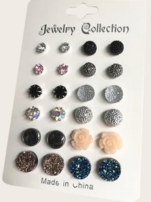 Rhinestone & Flower Design Stud Earrings 12pairs